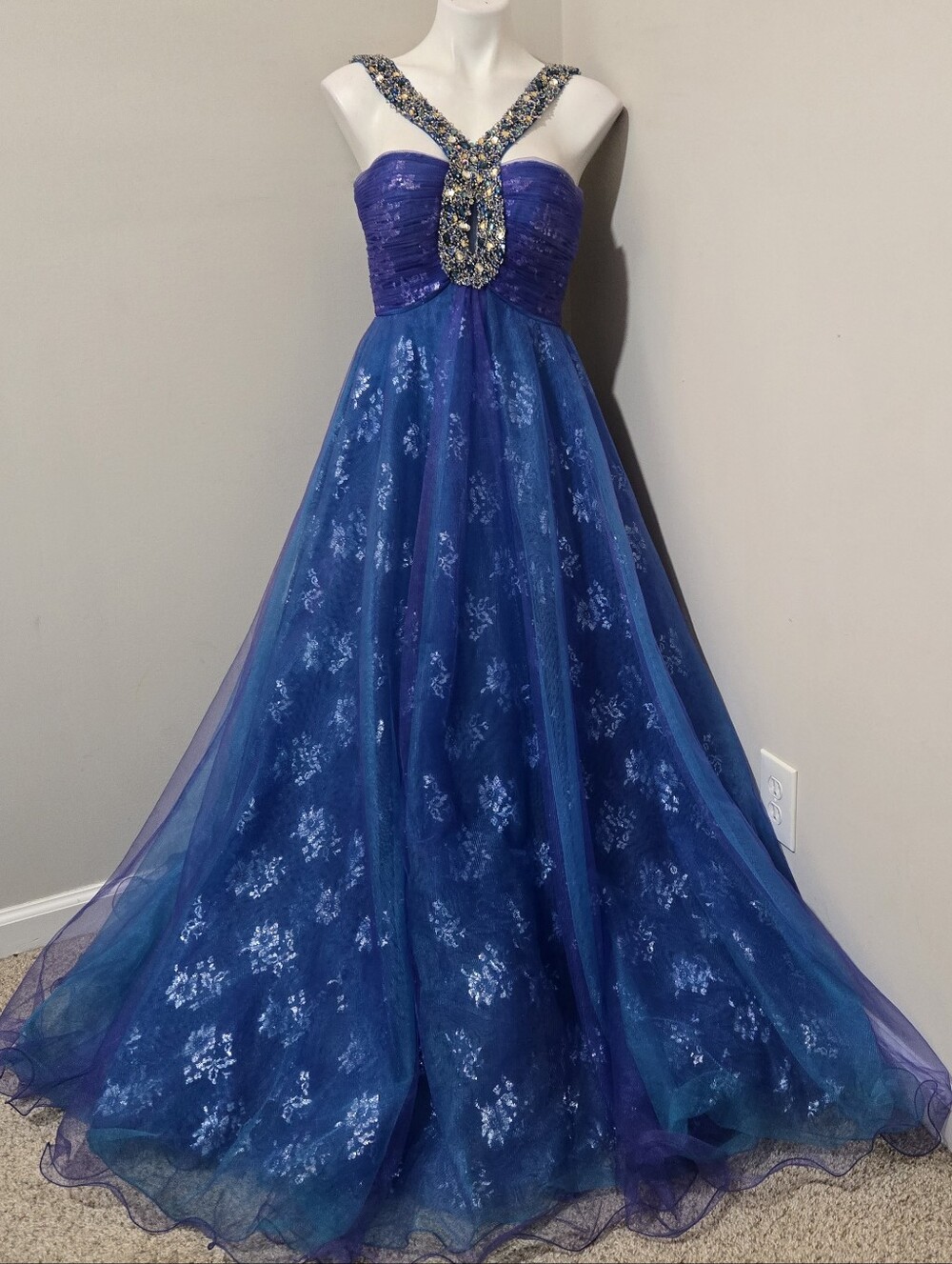 Sz 4 (may fit 2) Sherri Hill 3513 Turquoise/Purple Tulle Ballgown w Bead/Sequins